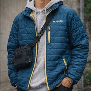 Columbia Men's Navy Puffer Jacket with Yellow Accents
